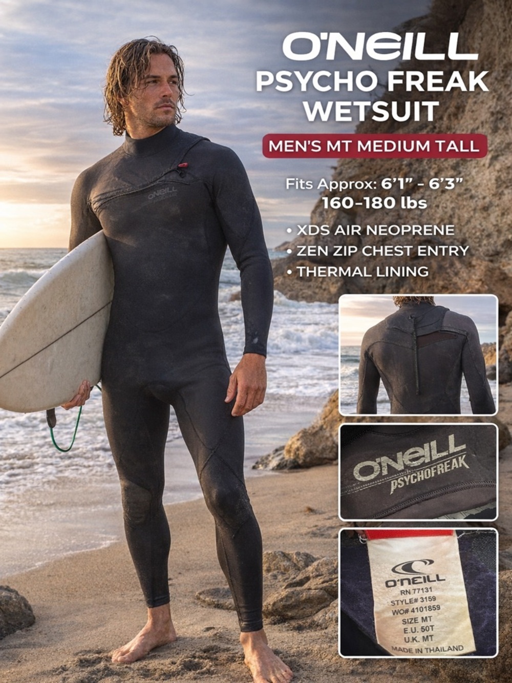 O’Neill Psycho Freak Wetsuit Men’s MT Medium Tall Black Thermal Surf Suit 4/3 mm